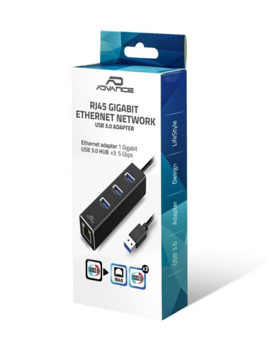 Adaptateur Advance Réseau Gigabit Ethernet RJ45 + 3 ports USB 3.0